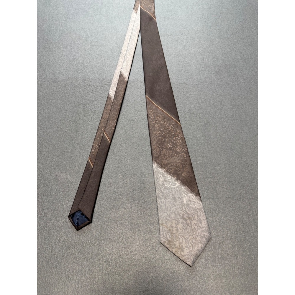 Paco Rabanne Paris Mens‎ Silk Tie Brown Silver Paisley Jacquard Paneled Design
